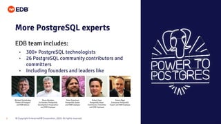 © Copyright EnterpriseDB Corporation, 2020. All rights reserved.
5
EDB team includes:
More PostgreSQL experts
• 300+ PostgreSQL technologists
• 26 PostgreSQL community contributors and
committers
• Including founders and leaders like
Michael Stonebraker
“Father of Postgres”
and EDB Advisor
Bruce Momjian
Co-founder, PostgreSQL
Development Corporation
and EDB Employee
Peter Eisentraut
PostgreSQL leader
and EDB Employee
Robert Haas
PostgreSQL Major
Contributor, Committer
and EDB Employee
Simon Riggs
Enterprise PostgreSQL
Expert and EDB Employee
 