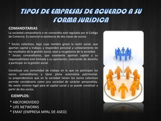 COMANDITARIAS
La sociedad comanditaria o en comandita está regulada por el Código
de Comercio. Es esencial la existencia de dos clases de socios:

* Socios colectivos, bajo cuyo nombre girará la razón social, que
aportan capital y trabajo, y responden personal y solidariamente de
los resultados de la gestión social, sean o no gestores de la sociedad.
* Socios comanditarios, que solamente aportan capital y su
responsabilidad está limitada a su aportación, careciendo de derecho
a participar en la gestión social.

Constituye una comunidad de trabajo en la que no participan los
socios comanditarios y tiene plena autonomía patrimonial.
La preponderancia que en la sociedad tienen los socios colectivos
permite considerarla como una sociedad de carácter personalista.
No existe mínimo legal para el capital social y se puede constituir a
partir de dos socios.

  EJEMPLOS:
 * ABCFOROVIDEO
 * LIFE NETWORKS
 * EMAF (EMPRESA MPAL DE ASEO)
 
