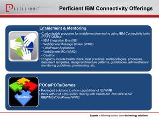 Perficient IBM Connectivity Offerings 
Enablement & Mentoring 
•Customizable programs for enablement/mentoring using IBM Connectivity tools (PRFT QSRs): 
•IBM Integration Bus (IIB) 
•WebSphere Message Broker (WMB) 
•DataPower Appliances 
•WebSphere MQ (WMQ) 
•CastIron 
•Programs include health check, best practices, methodologies, processes, document templates, design/architecture patterns, guidebooks, administration/ monitoring guidelines, provisioning, etc. 
POCs/POTs/Demos 
•Packaged solutions to show capabilities of IIB/WMB 
•Work with IBM Labs and/or directly with Clients for POCs/POTs for IIB(WMB)/DataPower/WMQ  