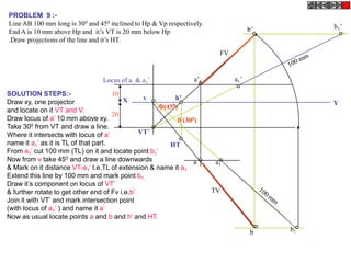 PROBLEM 9 :-
Line AB 100 mm long is 300 and 450 inclined to Hp & Vp respectively.
End A is 10 mm above Hp and it’s VT is 20 mm below Hp
.Draw projections of the line and it’s HT.
X Y
VT’
v
10
20
Locus of a & a1’
(300)
(450)
a1’
b1’
b1
a1
b’
a’
b
a
FV
TV
HT
h’
SOLUTION STEPS:-
Draw xy, one projector
and locate on it VT and V.
Draw locus of a’ 10 mm above xy.
Take 300 from VT and draw a line.
Where it intersects with locus of a’
name it a1’ as it is TL of that part.
From a1’ cut 100 mm (TL) on it and locate point b1’
Now from v take 450 and draw a line downwards
& Mark on it distance VT-a1’ I.e.TL of extension & name it a1
Extend this line by 100 mm and mark point b1.
Draw it’s component on locus of VT’
& further rotate to get other end of Fv i.e.b’
Join it with VT’ and mark intersection point
(with locus of a1’ ) and name it a’
Now as usual locate points a and b and h’ and HT.
 