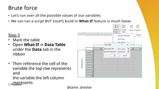 @tamir_dresher
Brute force
• Let’s run over all the possible values of our variables
• We can run a script BUT Excel’s build-in What-If feature is much faster
Step 3
• Mark the table
• Open What-If -> Data Table
under the Data tab in the
ribbon
• Then reference the cell of the
variable the top row represents
and
the variable the left column
represents
 