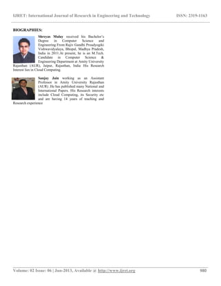 IJRET: International Journal of Research in Engineering and Technology ISSN: 2319-1163
__________________________________________________________________________________________
Volume: 02 Issue: 06 | Jun-2013, Available @ http://www.ijret.org 980
BIOGRAPHIES:
Shreyas Mulay received his Bachelor’s
Degree in Computer Science and
Engineering From Rajiv Gandhi Proudyogiki
Vishwavidyalaya, Bhopal, Madhya Pradesh,
India in 2011.At present, he is an M.Tech.
Candidate in Computer Science &
Engineering Department at Amity University
Rajasthan (AUR), Jaipur, Rajasthan, India His Research
Interest lies in Cloud Computing.
Sanjay Jain working as an Assistant
Professor in Amity University Rajasthan
(AUR) .He has published many National and
International Papers. His Research interests
include Cloud Computing, its Security etc
and are having 14 years of teaching and
Research experience
 