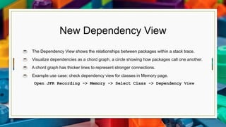 New Dependency View
☕ The Dependency View shows the relationships between packages within a stack trace.
☕ Visualize dependencies as a chord graph, a circle showing how packages call one another.
☕ A chord graph has thicker lines to represent stronger connections.
☕ Example use case: check dependency view for classes in Memory page.
Open JFR Recording -> Memory -> Select Class -> Dependency View
 