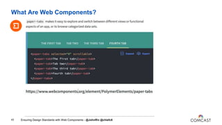 What Are Web Components?
43 Ensuring Design Standards with Web Components - @JohnRiv @chiefcll
 