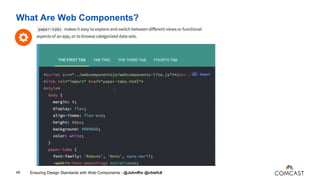 What Are Web Components?
49 Ensuring Design Standards with Web Components - @JohnRiv @chiefcll
 