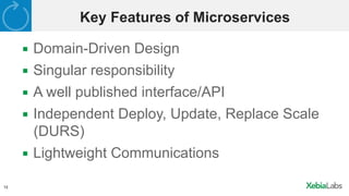 12
Key Features of Microservices
▪  Domain-Driven Design
▪  Singular responsibility
▪  A well published interface/API
▪  Independent Deploy, Update, Replace Scale
(DURS)
▪  Lightweight Communications
 