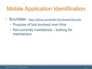 © 2019 Denim Group – All Rights Reserved
Mobile Application Identification
• Scumbler: https://github.com/Netflix-Skunkworks/Scumblr
• Purpose of tool evolved over time
• Not currently maintained – looking for
maintainers
33
 