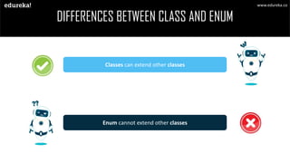 Classes can extend other classes
Enum cannot extend other classes
DIFFERENCES BETWEEN CLASS AND ENUM
www.edureka.co
 