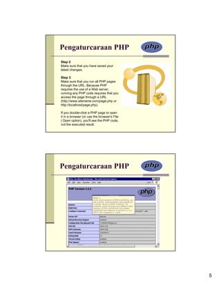 Pengaturcaraan PHP
Step 2
Make sure that you have saved your
latest changes.

Step 3
Make sure that you run all PHP pages
through the URL. Because PHP
requires the use of a Web server,
running any PHP code requires that you
access the page through a URL
(http://www.sitename.com/page.php or
http://localhost/page.php).

If you double-click a PHP page to open
it in a browser (or use the browser's File
| Open option), you'll see the PHP code,
not the executed result.




Pengaturcaraan PHP




                                             5
 