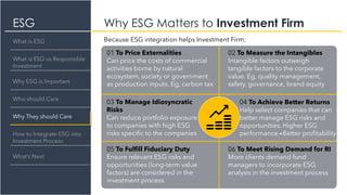 ESG Why ESG Matters to Investment Firm
What is ESG
What is ESG vs Responsible
Investment
Why They should Care
How to Integrate ESG into
Investment Process
What’s Next
Why ESG is Important
Who should Care
01 To Price Externalities
Can price the costs of commercial
activities borne by natural
ecosystem, society or government
as production inputs. Eg, carbon tax
02 To Measure the Intangibles
Intangible factors outweigh
tangible factors to the corporate
value. Eg, quality management,
safety, governance, brand equity
03 To Manage Idiosyncratic
Risks
Can reduce portfolio exposure
to companies with high ESG
risks specific to the companies
05 To Fulfill Fiduciary Duty
Ensure relevant ESG risks and
opportunities (long-term value
factors) are considered in the
investment process
06 To Meet Rising Demand for RI
More clients demand fund
managers to incorporate ESG
analysis in the investment process
04 To Achieve Better Returns
Help select companies that can
better manage ESG risks and
opportunities. Higher ESG
performance Better profitability
Because ESG integration helps Investment Firm:
 