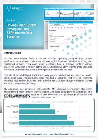 Understanding Web Scraping Foodhub Reviews
Web scraping involves extracting large amounts of data from websites in an
automated manner. Foodhub Reviews Scraper is designed to help businesses collect
customer reviews from Foodhub, a popular food delivery platform.
By scraping reviews, ratings, and feedback from customers, businesses can gain
insights into various aspects of their service, including food quality, delivery times,
and customer satisfaction.
Instead of relying on manual data collection, Foodhub Reviews Data Collection
through scraping allows for real-time access to a large volume of structured data,
which is essential for making informed decisions.
Introduction
In today's dynamic quick-commerce landscape, staying competitive requires
instant visibility into market pricing trends and consumer preferences. This case
study examines how a leading grocery delivery chain with 30+ online stores
across major Indian metropolitan areas leveraged Real-Time Grocery Price
Monitoring solutions from us to transform their business intelligence capabilities
and market positioning strategies.
The client struggled with maintaining competitive pricing across thousands of
SKUs and identifying regional pricing patterns. They also suffered revenue
leakage due to suboptimal pricing strategies. They needed a comprehensive
solution to provide detailed insights into quick-commerce market dynamics and
enable precise price optimization across their diverse grocery catalog.
The client revolutionized their approach to pricing strategy and inventory
management by implementing advanced Grocery Price Data Scraping
technologies. This resulted in remarkable improvements in market
responsiveness, profit margins, and substantial revenue growth.
Client Success Story
Introduction
This case study highlights how our Coupang Product Price Scraping Service
revolutionized a client's market analysis and pricing optimization strategy. By
deploying advanced techniques, we empowered the client with unmatched insights
into the competitive dynamics of South Korea's leading e-commerce platform.
Our customized solution delivered robust market intelligence, enabling clients to
drive data-backed pricing decisions, swiftly adapt to market changes, and
significantly enhance their profit margins. Leveraging our specialized Coupang
Product Data Scraping Solutions scraping tools, the client gained the strategic edge
necessary to excel within Coupang's fast-evolving marketplace.
The Client
Introduction
In the competitive fantasy cricket market, gaining insights into player
performance and match dynamics is crucial for informed decision-making and
sustained growth. This case study explores how a leading fantasy cricket
platform, with over 2 million active users, utilized our ESPNcricinfo Data Scraping
solutions to enhance business intelligence and market position.
The client faced delayed stats, inaccurate player predictions, and revenue losses
from poor user engagement. They needed a solution that offered real-time
insights into cricket matches and allowed for accurate player valuation across
various tournament formats.
By adopting our advanced ESPNcricinfo API Scraping technology, the client
transformed their fantasy cricket scoring and user engagement strategies. This
led to significant improvements in user retention and platform profitability and,
ultimately, a substantial boost in revenue growth.
Client Success Story
 