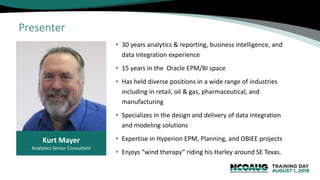 • 30 years analytics & reporting, business intelligence, and
data integration experience
• 15 years in the Oracle EPM/BI space
• Has held diverse positions in a wide range of industries
including in retail, oil & gas, pharmaceutical, and
manufacturing
• Specializes in the design and delivery of data integration
and modeling solutions
• Expertise in Hyperion EPM, Planning, and OBIEE projects
• Enjoys “wind therapy” riding his Harley around SE Texas.
Presenter
Kurt Mayer
Analytics Senior Consultant
 