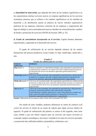 9
c. Intensidad de innovación, que depende del ritmo de los cambios significativos en
las características (incluye servicios nuevos y/o mejoras significativas de los servicios
existentes), procesos que se refieren a los cambios significativos en los métodos de
desarrollo y de distribución, puesta en práctica de nuevos métodos organizativos
(prácticas de las empresas, relaciones exteriores de las empresas y organización del
lugar de trabajo) y nueva mercadotecnia (nuevos métodos de comercialización: cambios
de diseño y promoción de servicios) (OCDE & Eurostat, 2005, p. 23).
d. Grado de conocimiento incorporado en el servicio: Capital humano altamente
especializado y capacitado en el desarrollo del servicio.
El grado de sofisticación de un servicio depende entonces de las cuatros
dimensiones del proceso productivo (veáse Cuadro 3): bajo, medio-bajo, medio-alto y
alto.
Cuadro 3
Grados de sofisticación de servicios
Grado de
sofisticación
Definición
Bajo (grado 1) Servicios primarios en intensidad tecnológica, baja capacidad de especialización
y diferenciación comercial y no requiere que todo el capital humano presente en
el desarrollo del servicio sea altamente capacitado (profesionalización) y
especializado.
Medio-bajo (grado 2) Servicios de baja tecnología, baja capacidad de especialización y diferenciación
comercial y no requiere que todo el capital humano presente el desarrollo del
servicio sea altamente capacitado (profesionalización) y especializado.
Medio-alto (grado 3) Servicios de tecnología media, alta capacidad de especialización y diferenciación
comercial y requiere que todo o parte del capital humano presente en el desarrollo
y comercialización del servicio sea altamente capacitado (profesionalización) y
especializado.
Alto (grado 4) Servicios de alta tecnología, alta capacidad de especialización y diferenciación
comercial, innovación presente en las características, desarrollo,
comercialización, métodos organizativos y nueva mercadotecnia y requiere que
todo o parte del capital humano presente en el desarrollo del servicio, sea
altamente capacitado (profesionalización) y especializado.
Fuente: Elaboración de los autores sobre la base del Cuestionario ITI 2012.
Por medio de estas variables, podemos diferenciar un centro de contacto (call
center) de servicio al cliente de un centro de soporte para algún servicio médico de
urgencia. El grado de sofisticación del primero es menor al del segundo, entre otras
cosas, debido a que este último requiere para sus servicios una mayor inversión en
avanzados equipos tecnológicos, una mayor variedad en los tipos de servicios prestados
y un personal más calificado (médicos, paramédicos, enfermeras, etc.).
 