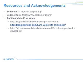 Resources and Acknowledgements
• Eclipse IoT: http://iot.eclipse.org/
• Eclipse Kura: https://www.eclipse.org/kura/
• Amit Mondal – Kura wires:
– http://blog.amitinside.com/Industry-4-with-Kura/
– http://blog.amitinside.com/Kura-Wires-bits-and-pieces/
– https://dzone.com/articles/kura-wires-a-different-perspective-to-
develop-iiot
 