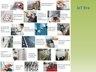 IoT Era 
Enabling New Services and faster time to market 
Real-time Data Data Analysis & Management 
Minimize Downtime – High Availability 
Cloud based Services key to reduce cost & complexity 
Common Development Environment across M2M solutions 
Faster local decision making 
Devices in-market 
for longer 
duration 
Risk of opportunity lost or non compliance 
Improving operational efficiency 
Integration and Automation with existing systems 
Portability, security with scalability 
Extracting value from large amounts of data 
Support for a wide variety of devices 
Intermittent connectivity 
Security 
of Devices and 
Data Protection  