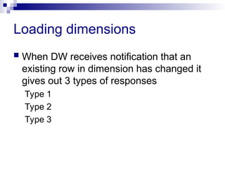 Loading dimensions
 When DW receives notification that an
existing row in dimension has changed it
gives out 3 types of responses
Type 1
Type 2
Type 3
 