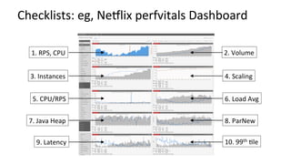 1.	RPS,	CPU	 2.	Volume	
6.	Load	Avg	
3.	Instances	 4.	Scaling	
5.	CPU/RPS	
7.	Java	Heap	 8.	ParNew	
9.	Latency	 10.	99th	Nle	
Checklists:	eg,	Neylix	perfvitals	Dashboard	
 