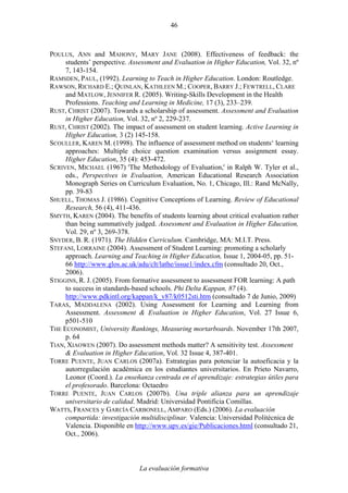 La evaluación formativa
46
POULUS, ANN and MAHONY, MARY JANE (2008). Effectiveness of feedback: the
students’ perspective. Assessment and Evaluation in Higher Education, Vol. 32, nº
7, 143-154.
RAMSDEN, PAUL, (1992). Learning to Teach in Higher Education. London: Routledge.
RAWSON, RICHARD E.; QUINLAN, KATHLEEN M.; COOPER, BARRY J.; FEWTRELL, CLARE
and MATLOW, JENNIFER R. (2005). Writing-Skills Development in the Health
Professions. Teaching and Learning in Medicine, 17 (3), 233–239.
RUST, CHRIST (2007). Towards a scholarship of assessment. Assessment and Evaluation
in Higher Education, Vol. 32, nº 2, 229-237.
RUST, CHRIST (2002). The impact of assessment on student learning. Active Learning in
Higher Education, 3 (2) 145-158.
SCOULLER, KAREN M. (1998). The influence of assessment method on students‘ learning
approaches: Multiple choice question examination versus assignment essay.
Higher Education, 35 (4): 453-472.
SCRIVEN, MICHAEL (1967) 'The Methodology of Evaluation,' in Ralph W. Tyler et al.,
eds., Perspectives in Evaluation, American Educational Research Association
Monograph Series on Curriculum Evaluation, No. 1, Chicago, Ill.: Rand McNally,
pp. 39-83
SHUELL, THOMAS J. (1986). Cognitive Conceptions of Learning. Review of Educational
Research, 56 (4), 411-436.
SMYTH, KAREN (2004). The benefits of students learning about critical evaluation rather
than being summatively judged. Assessment and Evaluation in Higher Education,
Vol. 29, nº 3, 269-378.
SNYDER, B. R. (1971). The Hidden Curriculum. Cambridge, MA: M.I.T. Press.
STEFANI, LORRAINE (2004). Assessment of Student Learning: promoting a scholarly
approach. Learning and Teaching in Higher Education, Issue 1, 2004-05, pp. 51-
66 http://www.glos.ac.uk/adu/clt/lathe/issue1/index.cfm (consultado 20, Oct.,
2006).
STIGGINS, R. J. (2005). From formative assessment to assessment FOR learning: A path
to success in standards-based schools. Phi Delta Kappan, 87 (4).
http://www.pdkintl.org/kappan/k_v87/k0512sti.htm (consultado 7 de Junio, 2009)
TARAS, MADDALENA (2002). Using Assessment for Learning and Learning from
Assessment. Assessment & Evaluation in Higher Education, Vol. 27 Issue 6,
p501-510
THE ECONOMIST, University Rankings, Measuring mortarboards. November 17th 2007,
p. 64
TIAN, XIAOWEN (2007). Do assessment methods matter? A sensitivity test. Assessment
& Evaluation in Higher Education, Vol. 32 Issue 4, 387-401.
TORRE PUENTE, JUAN CARLOS (2007a). Estrategias para potenciar la autoeficacia y la
autorregulación académica en los estudiantes universitarios. En Prieto Navarro,
Leonor (Coord.). La enseñanza centrada en el aprendizaje: estrategias útiles para
el profesorado. Barcelona: Octaedro
TORRE PUENTE, JUAN CARLOS (2007b). Una triple alianza para un aprendizaje
universitario de calidad. Madrid: Universidad Pontificia Comillas.
WATTS, FRANCES y GARCÍA CARBONELL, AMPARO (Eds.) (2006). La evaluación
compartida: investigación multidisciplinar. Valencia: Universidad Politécnica de
Valencia. Disponible en http://www.upv.es/gie/Publicaciones.html (consultado 21,
Oct., 2006).
 