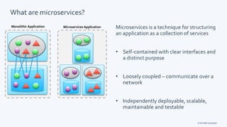 © 2019 IBM Corporation
What are microservices?
Microservices is a technique for structuring
an application as a collection of services
• Self-contained with clear interfaces and
a distinct purpose
• Loosely coupled – communicate over a
network
• Independently deployable, scalable,
maintainable and testable
Microservices ApplicationMonolithic Application
 
