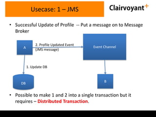 • Successful Update of Profile -- Put a message on to Message
Broker
Usecase: 1 – JMS
A Event Channel
DB
1. Update DB
2. Profile Updated Event
(JMS message)
B
• Possible to make 1 and 2 into a single transaction but it
requires – Distributed Transaction.
 