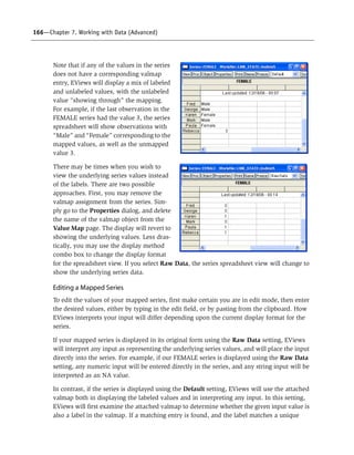 166—Chapter 7. Working with Data (Advanced)
Note that if any of the values in the series
does not have a corresponding valmap
entry, EViews will display a mix of labeled
and unlabeled values, with the unlabeled
value “showing through” the mapping.
For example, if the last observation in the
FEMALE series had the value 3, the series
spreadsheet will show observations with
“Male” and “Female” corresponding to the
mapped values, as well as the unmapped
value 3.
There may be times when you wish to
view the underlying series values instead
of the labels. There are two possible
approaches. First, you may remove the
valmap assignment from the series. Sim-
ply go to the Properties dialog, and delete
the name of the valmap object from the
Value Map page. The display will revert to
showing the underlying values. Less dras-
tically, you may use the display method
combo box to change the display format
for the spreadsheet view. If you select Raw Data, the series spreadsheet view will change to
show the underlying series data.
Editing a Mapped Series
To edit the values of your mapped series, first make certain you are in edit mode, then enter
the desired values, either by typing in the edit field, or by pasting from the clipboard. How
EViews interprets your input will differ depending upon the current display format for the
series.
If your mapped series is displayed in its original form using the Raw Data setting, EViews
will interpret any input as representing the underlying series values, and will place the input
directly into the series. For example, if our FEMALE series is displayed using the Raw Data
setting, any numeric input will be entered directly in the series, and any string input will be
interpreted as an NA value.
In contrast, if the series is displayed using the Default setting, EViews will use the attached
valmap both in displaying the labeled values and in interpreting any input. In this setting,
EViews will first examine the attached valmap to determine whether the given input value is
also a label in the valmap. If a matching entry is found, and the label matches a unique
 