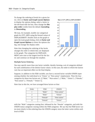 512—Chapter 14. Categorical Graphs
To change the ordering of levels for a given fac-
tor, click on Factor and Graph Layout Options
to display the options dialog, select a factor in
the left-hand side list box, then change the Dis-
play order combo from the default Ascending
to Descending.
We may, for example, modify our categorical
graph for CITY_MPG using the binned values of
DISPLACEMENT. Double click on the graph to
open the main graph dialog, click on Factor and
Graph Layout Options to show the options dia-
log, and change the display order.
Note that changing the ordering of the levels
changes the order in which they are displayed
in the graph. The categories for DISPLACE-
MENT now start at the largest level for the fac-
tor and continue on through the smallest.
Multiple Factor Ordering
You may specify more than one factor variable, thereby forming a set of categories defined
by each combination of the distinct factor values. In this case, the order in which the factors
vary has an important effect on the final display.
Suppose, in addition to the FEM variable, you have a second factor variable UNION repre-
senting whether the individual is in “Union” or “Non-union” employment. Then the four
categories for these two factors are: {(“Male,” “Non-union”), (“Male,” “Union”), (“Female,”
“Non-union”), (“Female,” “Union”)}.
Note that in this list, we have arranged these factors so that:
with the “Male” categories coming first, followed by the “Female” categories, and with the
UNION status categories varying within the FEM categories. We say that the FEM factor var-
ies more slowly in this ordering than the UNION category since the latter varies within each
level of FEM.
Order FEM UNION
1 “Male” “Non-union”
2 “Male” “Union”
3 “Female” “Non-union”
4 “Female” “Union”
12
14
16
18
20
22
24
26
28
30
DISPLA
CEM
E
NT
(8,6]
DISPLA
CEM
E
NT
(6,4]
DISPLA
CEM
E
NT
(4,2]
DISPLA
CEM
E
NT
(2,0]
Mean of CITY_MPG by DISPLACEMENT
 