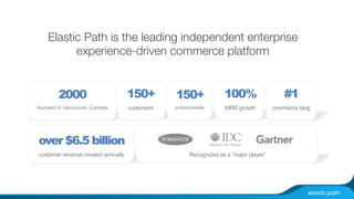 Elastic Path is the leading independent enterprise 
experience-driven commerce platform 
2000 
founded in Vancouver, Canada 
over $6.5 billion 
customer revenue created annually 
150+ 
customers 
100% 
MRR growth 
#1 
commerce blog 
150+ 
professionals 
Recognized as a “major player” 
 