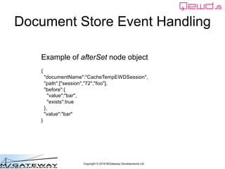 Copyright © 2016 M/Gateway Developments Ltd
Document Store Event Handling
Example of afterSet node object
{
"documentName":"CacheTempEWDSession",
"path":["session","72","foo"],
"before":{
"value":"bar",
"exists":true
},
"value":"bar"
}
 