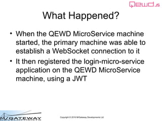Copyright © 2016 M/Gateway Developments Ltd
What Happened?
• When the QEWD MicroService machine
started, the primary machine was able to
establish a WebSocket connection to it
• It then registered the login-micro-service
application on the QEWD MicroService
machine, using a JWT
 