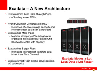 Exadata – A New Architecture
• Exadata Ships Less Data Through Pipes
   – offloading server CPUs.

• Hybrid Columnar Compression (HCC)
   – Increases effective storage capacity and
     increases user data scan bandwidths
• Exadata has More Pipes
   – Modular storage “cell” building blocks
     organized into Massively Parallel Grid
   – Bandwidth scales with capacity

• Exadata has Bigger Pipes
   – InfiniBand interconnect transfers data
     faster than Fibre Channel
                                                 Exadata Moves a Lot
• Exadata Smart Flash Cache solves random       Less Data a Lot Faster
  I/O bottlenecks
 