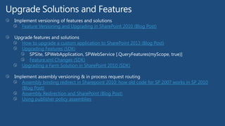 Implement versioning of features and solutions
Feature Versioning and Upgrading in SharePoint 2010 (Blog Post)
Upgrade features and solutions
How to upgrade a custom application to SharePoint 2013 (Blog Post)
Upgrading Features (SDK)
SPSite, SPWebApplication, SPWebService [.QueryFeatures(myScope, true)]
Feature.xml Changes (SDK)
Upgrading a Farm Solution in SharePoint 2010 (SDK)
Implement assembly versioning & in process request routing
Assembly binding redirect in Sharepoint 2010: how old code for SP 2007 works in SP 2010
(Blog Post)
Assembly Redirection and SharePoint (Blog Post)
Using publisher policy assemblies
 