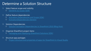 Select feature scope and visibility
Elements by Scope (SDK)
Define feature dependencies
Activation Dependencies and Scope (SDK)
ActivationDependencies Element
Solution Dependencies
Solution Activation Dependencies in SharePoint 2010 (Blog Post)
Organize SharePoint project items
Packaging and Deploying SharePoint Solutions (SDK)
Structure app packages
Project structure and properties of apps for SharePoint in Visual Studio
 