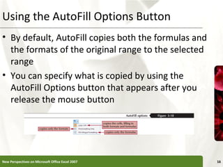 Using the AutoFill Options Button

XP

• By default, AutoFill copies both the formulas and
the formats of the original range to the selected
range
• You can specify what is copied by using the
AutoFill Options button that appears after you
release the mouse button

New Perspectives on Microsoft Office Excel 2007

16

 