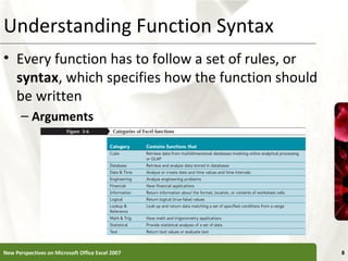 Understanding Function Syntax

XP

• Every function has to follow a set of rules, or
syntax, which specifies how the function should
be written
– Arguments

New Perspectives on Microsoft Office Excel 2007

8

 