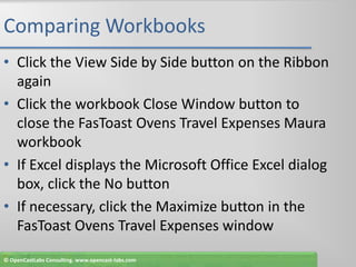 Comparing WorkbooksClick the View Side by Side button on the Ribbon againClick the workbook Close Window button to close the FasToast Ovens Travel Expenses Maura workbookIf Excel displays the Microsoft Office Excel dialog box, click the No buttonIf necessary, click the Maximize button in the FasToast Ovens Travel Expenses window© OpenCastLabs Consulting. www.opencast-labs.com