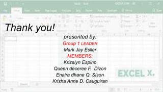 Thank you!
presented by:
Group 1 LEADER
Mark Jay Esller
MEMBERS:
Krizalyn Espino
Queen deceree F. Dizon
Enaira dhane Q. Sison
Krisha Anne D. Cauguiran
 