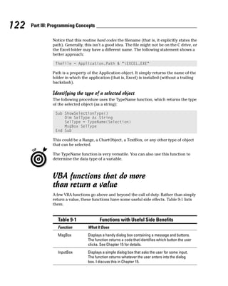 122   Part III: Programming Concepts

                Notice that this routine hard codes the filename (that is, it explicitly states the
                path). Generally, this isn’t a good idea. The file might not be on the C drive, or
                the Excel folder may have a different name. The following statement shows a
                better approach:

                 TheFile = Application.Path & “EXCEL.EXE”

                Path is a property of the Application object. It simply returns the name of the
                folder in which the application (that is, Excel) is installed (without a trailing
                backslash).

                Identifying the type of a selected object
                The following procedure uses the TypeName function, which returns the type
                of the selected object (as a string):

                 Sub ShowSelectionType()
                     Dim SelType As String
                     SelType = TypeName(Selection)
                     MsgBox SelType
                 End Sub

                This could be a Range, a ChartObject, a TextBox, or any other type of object
                that can be selected.

                The TypeName function is very versatile. You can also use this function to
                determine the data type of a variable.



                VBA functions that do more
                than return a value
                A few VBA functions go above and beyond the call of duty. Rather than simply
                return a value, these functions have some useful side effects. Table 9-1 lists
                them.


                  Table 9-1                Functions with Useful Side Benefits
                  Function          What It Does
                  MsgBox            Displays a handy dialog box containing a message and buttons.
                                    The function returns a code that identifies which button the user
                                    clicks. See Chapter 15 for details.
                  InputBox          Displays a simple dialog box that asks the user for some input.
                                    The function returns whatever the user enters into the dialog
                                    box. I discuss this in Chapter 15.
 