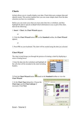 Charts
A chart allows you to visually display your data. Charts help users compare data and
identify trends. This section explains how you can create simple charts from the data
selection you have in a worksheet.

Before you can create your chart you must enter data into a worksheet, and then
highlight the data to specify to Excel which information to use as part of the chart,
then do the following:

1. Insert > Chart, the Chart Wizard appears

       or
2. Click the Chart Wizard button         on the Standard toolbar, the Chart Wizard
appears

       or

3. Press F11 on your keyboard. The chart will be created using the data you selected.


Chart Wizard

The chart wizard brings you through the process of creating a chart by displaying a
series of dialog boxes.

1 Enter the data into the worksheet and highlight all
the cells that will be included in the chart including
headers.




2 Click the Chart Wizard button        found on the Standard toolbar to view the
Chart Wizard

3. In the Chart Type dialog box: Choose the
Chart type and the Chart subtype if
necessary. Click Next.




Excel – Tutorial 2                                                                      2
 