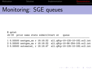 Motivation         Solution        Implementation       Demonstration



Monitoring: SGE queues


     $ qstat
     ob-ID prior name state submit/start at    queue
     --------------------------------------------------------------
     1 0.55500 nextgen_an r 18:16:32 all.q@ip-10-125-10-182.ec2.int
     2 0.55500 nextgen_an r 18:16:32 all.q@ip-10-86-254-105.ec2.int
     3 0.55500 automated_ r 18:16:47 all.q@ip-10-125-10-182.ec2.int
 