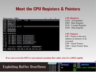 Meet the CPU Registers & Pointers
CPU Pointers
EIP = Points to the next
address in memory to be
executed
ESP = Stack Pointer.
EBP = Stack Pointer Base
Pointer
If we can overwrite EIP we can control execution flow other wise it's a DOS exploit.
CPU Registers
EAX Accumulator
EBX Base Register
ECX Counter Register
EDX Data Register
 
