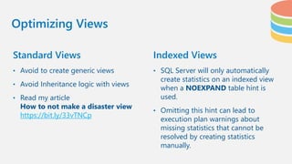 Standard Views Indexed Views
• Avoid to create generic views
• Avoid Inheritance logic with views
• Read my article
How to not make a disaster view
https://bit.ly/33vTNCp
• SQL Server will only automatically
create statistics on an indexed view
when a NOEXPAND table hint is
used.
• Omitting this hint can lead to
execution plan warnings about
missing statistics that cannot be
resolved by creating statistics
manually.
Optimizing Views
 