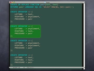 CREATE OR REPLACE FUNCTION pair(text, text)
RETURNS pair LANGUAGE SQL AS 'SELECT ROW($1, $2)::pair;';

CREATE OPERATOR ~> (
    LEFTARG   = text,
    RIGHTARG  = anyelement,
    PROCEDURE = pair
);

CREATE OPERATOR ~> (
    LEFTARG   = anyelement,
    RIGHTARG  = text,
    PROCEDURE = pair
);

CREATE OPERATOR ~> (
    LEFTARG   = anyelement,
    RIGHTARG  = anyelement,
    PROCEDURE = pair
);

CREATE OPERATOR ~> (
    LEFTARG   = text,
    RIGHTARG  = text,
    PROCEDURE = pair
);
  sql/pair.sql
 