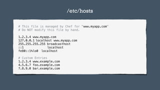 TODO:Add infographics
# This file is managed by Chef for "www.myapp.com"
# Do NOT modify this file by hand.
1.2.3.4 www.myapp.com
127.0.0.1!localhost www.myapp.com
255.255.255.255!broadcasthost
::1 localhost
fe80::1%lo0! localhost
# Custom Entries
1.2.3.4 www.example.com
4.5.6.7 foo.example.com
7.8.9.0 bar.example.com
/etc/hosts
 