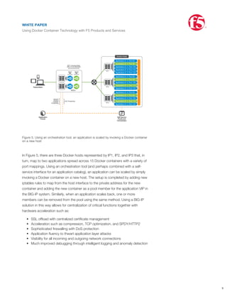 •
•
•
•
•
•
Scaling a Containerized Application
Scaling any form of application based on containers or virtual machines requires
some form of application delivery controller that offers, at the least, intelligent trafﬁc
management functionality. In the example shown in Figure 5, a BIG-IP system can
be used as a physical or virtual appliance, or combined for high-availability. Its
function is to perform both intelligent trafﬁc management and port remapping for a
single Virtual IP (VIP) address, exposing the application to clients.
Figure 5. Using an orchestration tool, an application is scaled by invoking a Docker container
on a new host
In Figure 5, there are three Docker hosts represented by IP1, IP2, and IP3 that, in
turn, map to two applications spread across 15 Docker containers with a variety of
port mappings. Using an orchestration tool (and perhaps combined with a self-
service interface for an application catalog), an application can be scaled by simply
invoking a Docker container on a new host. The setup is completed by adding new
iptables rules to map from the host interface to the private address for the new
container and adding the new container as a pool member for the application VIP in
the BIG-IP system. Similarly, when an application scales back, one or more
members can be removed from the pool using the same method. Using a BIG-IP
solution in this way allows for centralization of critical functions together with
hardware acceleration such as:
SSL ofﬂoad with centralized certiﬁcate management
Acceleration such as compression, TCP optimization, and SPDY/HTTP2
Sophisticated ﬁrewalling with DoS protection
Application ﬂuency to thwart application layer attacks
Visibility for all incoming and outgoing network connections
Much improved debugging through intelligent logging and anomaly detection
F5 and IPv4 to IPv6 Translation with DNS Support
Customers who wish to fully utilize a fully routable Docker container infrastructure
will require not just an efﬁcient IPv4 to IPv6 network function, but also support for
translating DNS requests. The Docker container infrastructure can operate purely in
IPv6 and be completely isolated from IPv4 yet, at the same time, have a seamless
pathway to IPv4 connectivity.
WHITE PAPER
Using Docker Container Technology with F5 Products and Services
®
9
WHITE PAPER
Using Docker Container Technology with F5 Products and Services
®
 