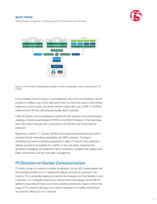 technologies like VXLAN or GRE so trafﬁc from one tenant is not visible to another.
Scaling applications in this type of environment requires ADC services that can also
participate natively in the tunneling protocols. F5 offers multi-tenant VXLAN and
GRE capabilities so that functions such as load balancing, SSL ofﬂoad, ﬁrewalling,
application security, NAT, and DNS services can be served to clients on the network
through a tunnel. Furthermore, F5 provides interoperability between tunnel
encapsulation types, including 802.1Q VLANs.
Figure 3. F5 provides interoperability between tunnel encapsulation types, including 802.1Q
VLANs
In the example shown in Figure 3, core application tiers such as a database may be
located in a different part of the data center than the resources used to host Docker
instances. In such a case, the tenant network might make use of GRE or VXLAN to
isolate and join the two otherwise physically distinct subnets.
A BIG-IP solution can be seamlessly inserted into the network at the tenant level by
creating a VXLAN tunnel endpoint (VTEP) on the BIG-IP instance. It then becomes
part of the tenant network with connectivity to the Docker and virtual machine
instances.
Beginning in version 1.7, Docker will offer some experimental features that extend
the base Docker networking capabilities with SDN concepts. The plug-in
architecture provides an exciting opportunity to allow F5 network and application
delivery services to be inserted for a variety of new use cases, including next-
generation ﬁrewalling with application-ﬂuent containers, container ﬂow analysis and
policy enforcement, and per-ﬂow trafﬁc management.
F5 Direction on Docker Containerization
F5 offers a range of products to enable virtualization. As the ADC market leader with
the broadest portfolio of L4–L7 application delivery and security services in the
industry, F5 is constantly exploring innovative technologies and their beneﬁts to end
customers. F5 is uniquely positioned to extend these technologies across BIG-IP
platforms since they all share a common underlying framework. Figure 4 shows the
range of F5's product offerings, from custom hardware to complete cloud-based
as-a-service offering for L4-L7 services.
WHITE PAPER
Using Docker Container Technology with F5 Products and Services
®
7
WHITE PAPER
Using Docker Container Technology with F5 Products and Services
®
 