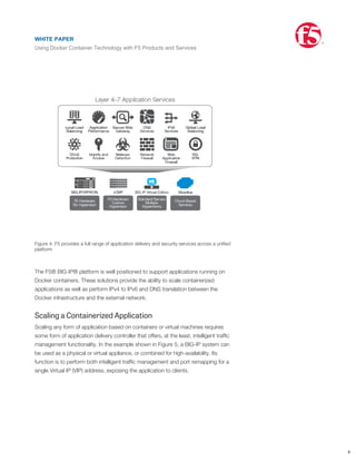 F5 Direction on Docker Containerization
F5 offers a range of products to enable virtualization. As the ADC market leader with
the broadest portfolio of L4–L7 application delivery and security services in the
industry, F5 is constantly exploring innovative technologies and their beneﬁts to end
customers. F5 is uniquely positioned to extend these technologies across BIG-IP
platforms since they all share a common underlying framework. Figure 4 shows the
range of F5's product offerings, from custom hardware to complete cloud-based
as-a-service offering for L4-L7 services.
Figure 4. F5 provides a full range of application delivery and security services across a uniﬁed
platform
The F5® BIG-IP® platform is well positioned to support applications running on
Docker containers. These solutions provide the ability to scale containerized
applications as well as perform IPv4 to IPv6 and DNS translation between the
Docker infrastructure and the external network.
Scaling a Containerized Application
Scaling any form of application based on containers or virtual machines requires
some form of application delivery controller that offers, at the least, intelligent trafﬁc
management functionality. In the example shown in Figure 5, a BIG-IP system can
be used as a physical or virtual appliance, or combined for high-availability. Its
function is to perform both intelligent trafﬁc management and port remapping for a
single Virtual IP (VIP) address, exposing the application to clients.
WHITE PAPER
Using Docker Container Technology with F5 Products and Services
®
8
WHITE PAPER
Using Docker Container Technology with F5 Products and Services
®
 