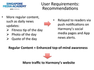 User	
  Requirements:	
  
Recommenda@ons	
  
•  More	
  regular	
  content,	
  
such	
  as	
  daily	
  news	
  
updates:	
  
Ø  Fitness	
  @p	
  of	
  the	
  day	
  
Ø  Photo	
  of	
  the	
  day	
  
Ø  Quote	
  of	
  the	
  day	
  
•  Relayed	
  to	
  readers	
  via	
  
push	
  no@ﬁca@ons	
  on	
  
Harmony’s	
  social	
  
media	
  pages	
  and	
  App	
  
news	
  alerts.	
  
Regular	
  Content	
  =	
  Enhanced	
  top-­‐of-­‐mind	
  awareness	
  
More	
  traﬃc	
  to	
  Harmony’s	
  website	
  
 