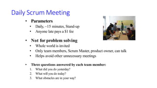 Daily Scrum Meeting
• Parameters
• Daily, ~15 minutes, Stand-up
• Anyone late pays a $1 fee
• Not for problem solving
• Whole world is invited
• Only team members, Scrum Master, product owner, can talk
• Helps avoid other unnecessary meetings
• Three questions answered by each team member:
1. What did you do yesterday?
2. What will you do today?
3. What obstacles are in your way?
 