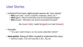 User Stories
• Instead of Use Cases, Agile project owners do "user stories"
• Who (user role) – Is this a customer, employee, admin, etc.?
• What (goal) – What functionality must be achieved/developed?
• Why (reason) – Why does user want to accomplish this goal?
As a [user role], I want to [goal], so I can [reason].
• Example:
• "As a user, I want to log in, so I can access subscriber content."
• story points: Rating of effort needed to implement this story
• common scales: 1-10, shirt sizes (XS, S, M, L, XL), etc.
 