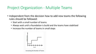 Project Organization - Multiple Teams
• Independent from the decision how to add new teams the following
rules should be followed:
• Start with a small number of teams
• Always wait until a foundation is build and the teams have stabilized
• Increase the number of teams in small steps
 
